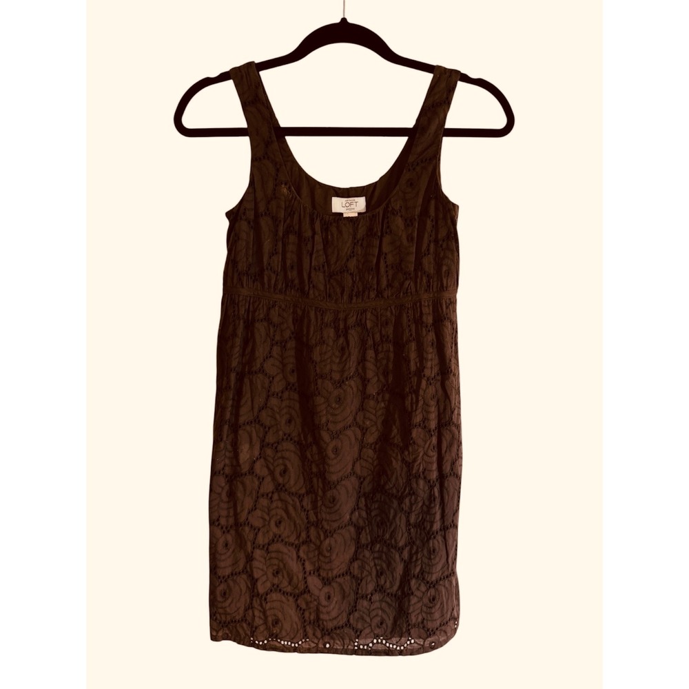 Ann Taylor Loft Petites Dress Brown 00P Womens Eyelet Lace Empire Waist Mini